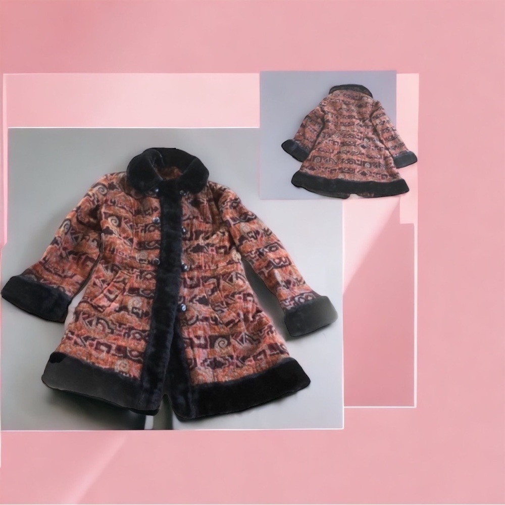 Suburban Miss Size Small Long Dress Coat Button Down Front Jacket fur trim